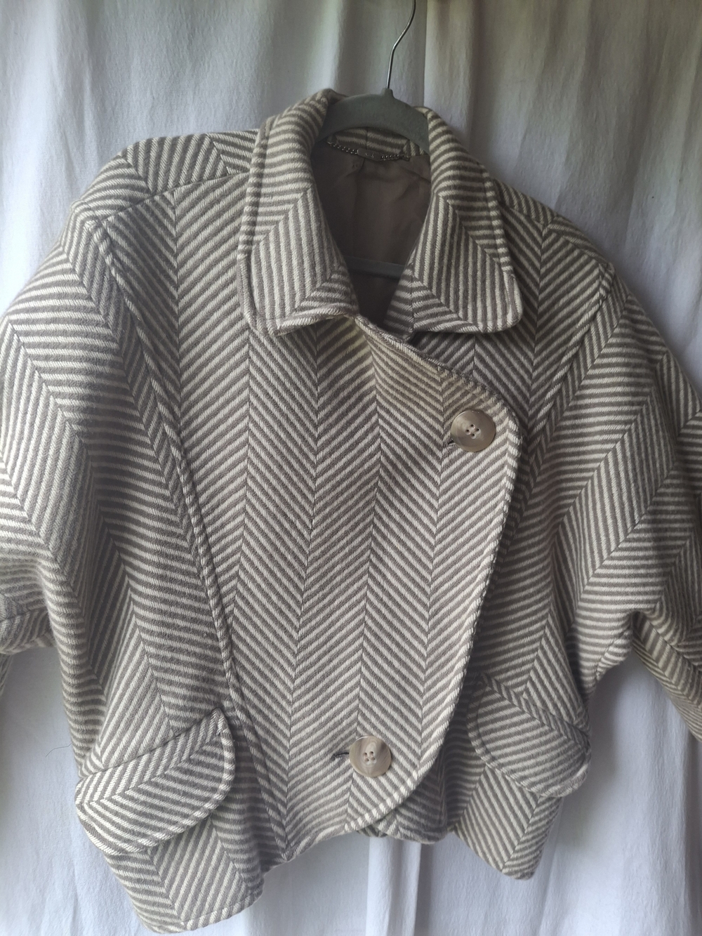 Womens Cream and Tan Striped Herringbone Button-Up Sweater Jacket